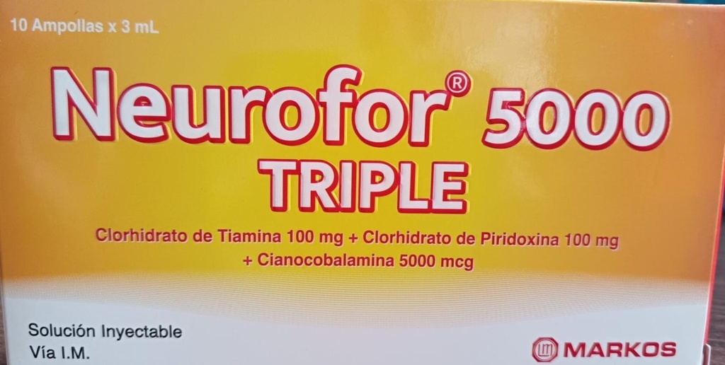 NEUROFOR 5000 TRIPLE (CLORHIDRATO DE TIAMINA 100 MG + CLORHIDRATO DE PIRIDOXINA 100 MG + CIANOCOBALAMINA 5000 MCG)CJA X 10 AMP.