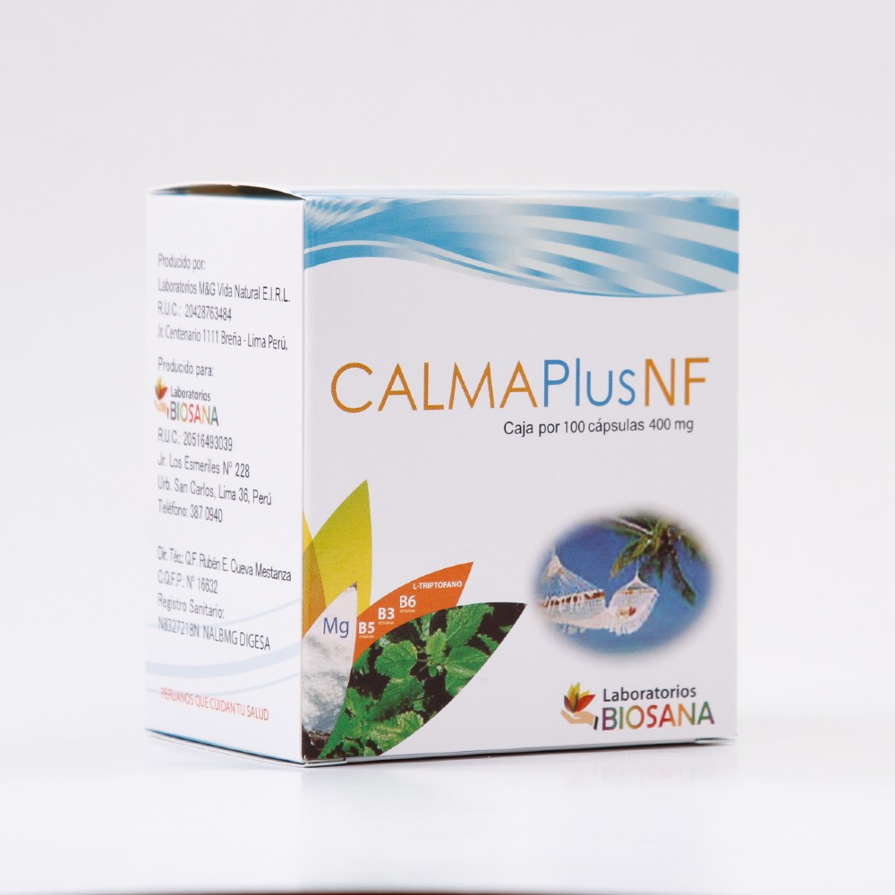CALMA PLUS NF 400mg (MEZCLA EN POLVO DE TORONJIL,MANZANILLA,VALERIANA,MAGNESIO,L-TRIPTOFANO,VITAMINAS B3,B5,B6)CÁPSULAS